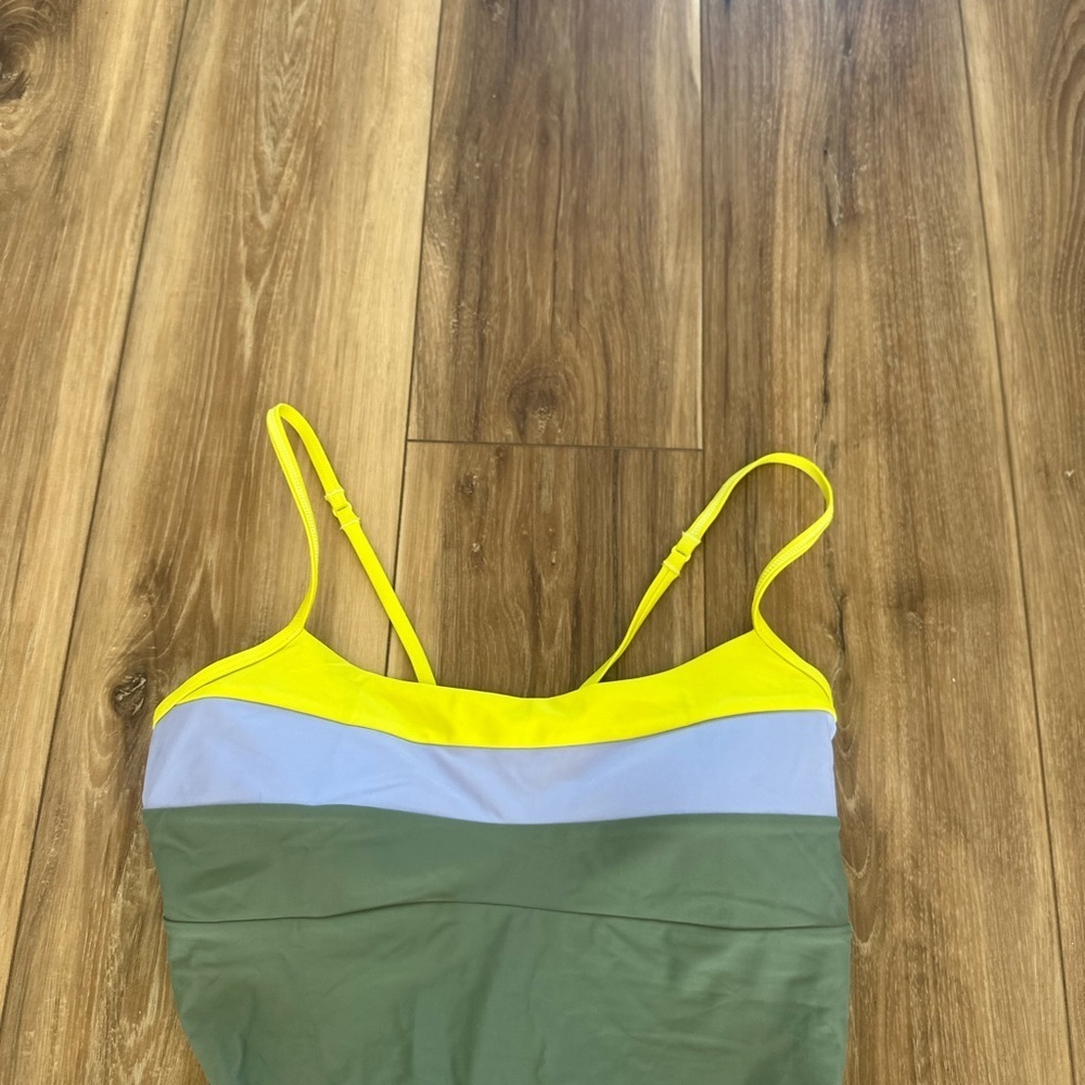 Prana Olive One-Piece Swimsuit with Yellow and Light Blue Bands - Picture 4 of 6